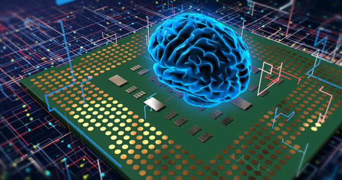 Driving Innovation: AI-Infused Computer Chips and Technological Advancements. Digital Human Brain Symbolizing AI.