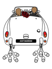 白いオープンカーでハネムーンに出かける新婚カップル