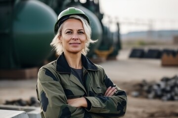 Portrait of a confident female engineer standing with arms crossed outdoors.