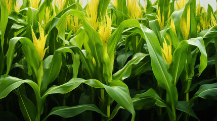 Young corn ears on the stalks with mature silk plant