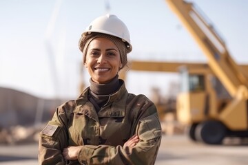 Portrait of smiling female construction worker standing with arms crossed in front of crane