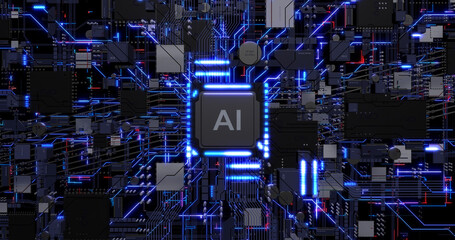Artificial Intelligence Powered Computer Chip Processing Data. Electrical Signals Flowing. Computer And Technology Related 3D Illustration Render