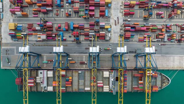 Aerial view time lapse container cargo ship freight shipping by container cargo ship, Global business import export logistic container, Timelapse 4K