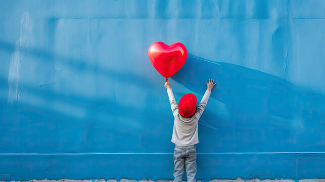 Rear view of a kid raising arms with red heart shaped balloon on blue background