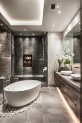 Luxury spa-style bathroom with grey porcelain wall tiles, a white quartzite dual vanity, a...