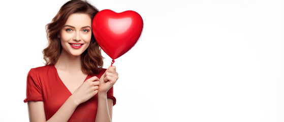Fototapeta na wymiar Smiling Valentine beauty girl with red balloon isolated on white background, copyspace