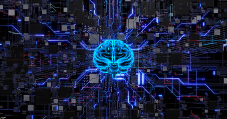 Tech Revolution. Artificial Intelligence and Computer Chips in Action. Digital Human Brain Symbolizing AI.