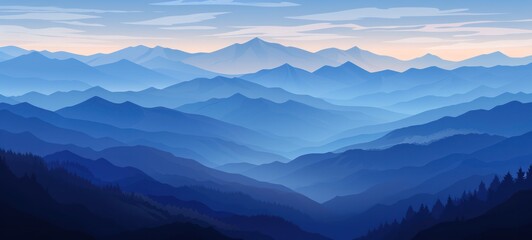 Obraz premium Beautiful landscapes of forests, mountains and adventurous nature. Travel background Panorama - illustrations of silhouettes of landscapes, valleys of pine trees, forests and mountain peaks.