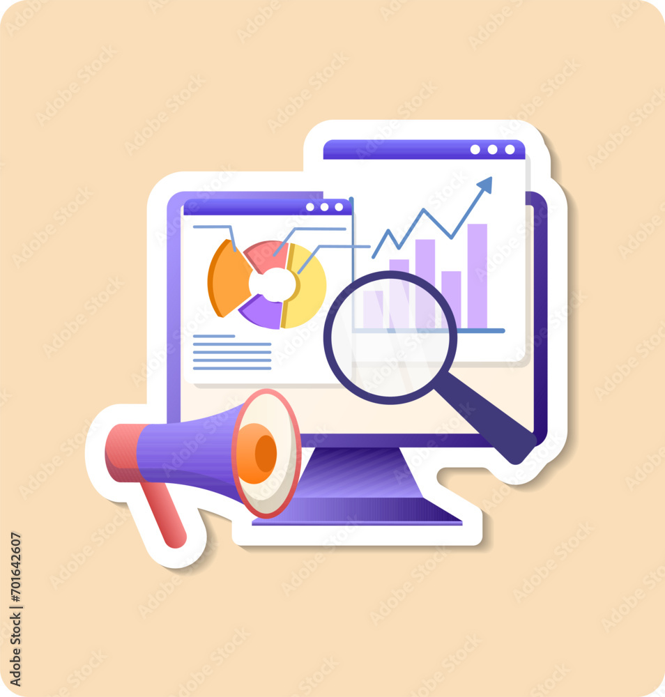 Poster market analytics sticker illustration. flat vector design statistical and data analysis for business
