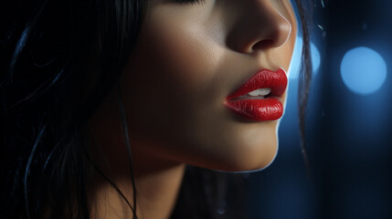 Very close-up of a Woman sensual mouth slightly open for a kiss with a red shiny and glossy lipstick and long brown hair - obrazy, fototapety, plakaty
