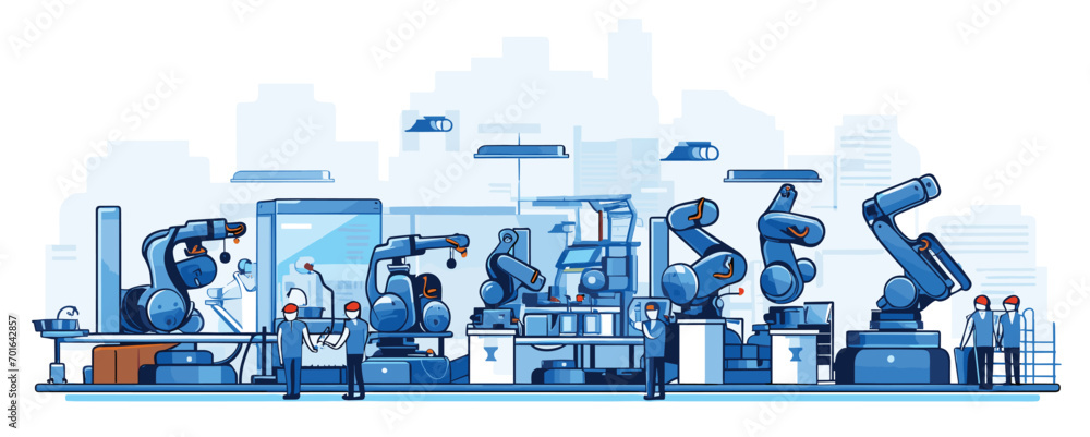 Wall mural ai in industry and manufacturing with a vector scene featuring robotic arms and automation processes