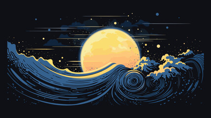 moon and the tides in a vector scene featuring ocean waves influenced by lunar gravitational forces. 