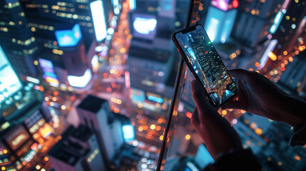A person’s hand holding a cellular phone, capturing the illuminated cityscape below from a high...