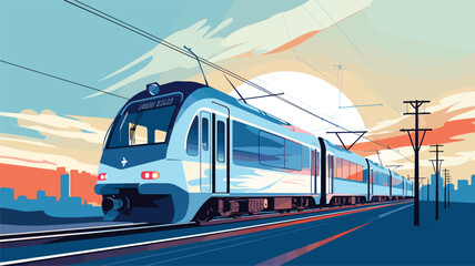 electrification in rail infrastructure with a vector art piece showcasing the installation of overhead wires for electric train operations - obrazy, fototapety, plakaty