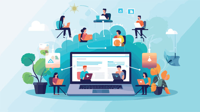 modern work culture with a focus on virtual collaboration. Depict professionals engaging in video conferences, sharing ideas through digital platform