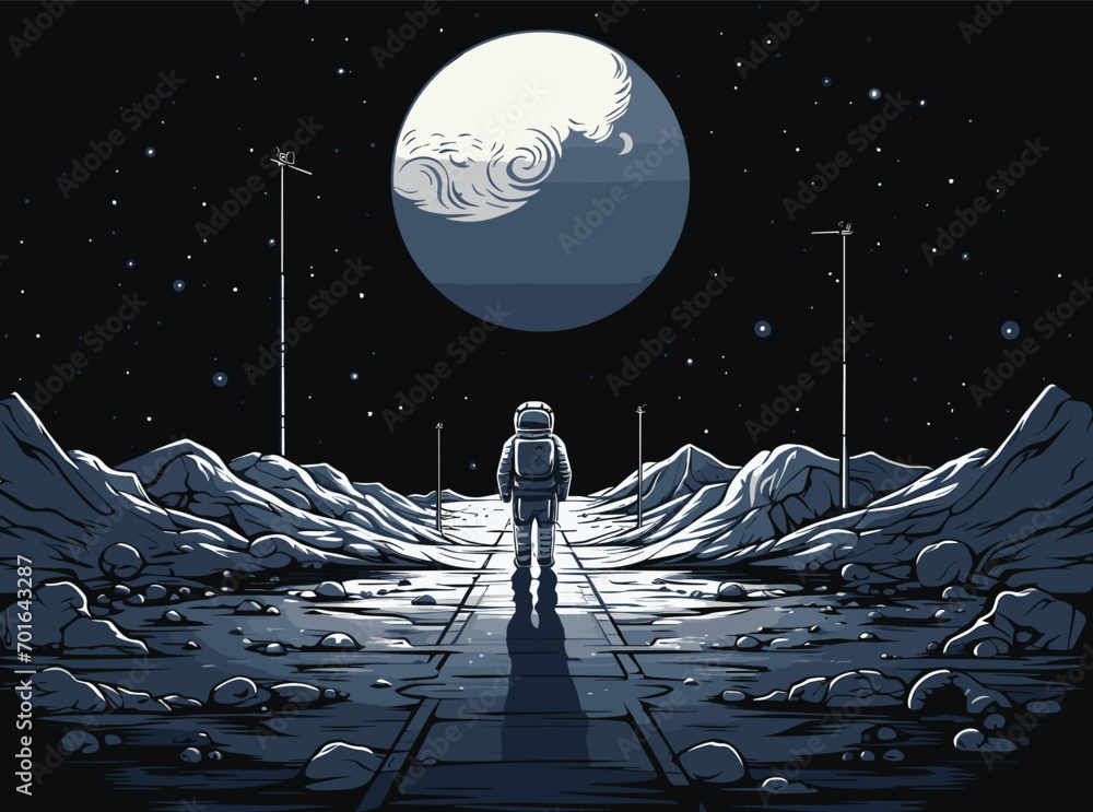 Poster lunar base in a vector art piece. astronauts constructing habitats, conducting experiments, and conf