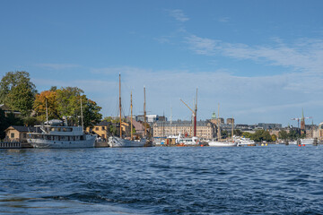 Fototapeta na wymiar Beautiful boats Big Sailing boat in Stockholm, Sweden. Summer seascape with ships, sunny day