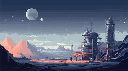 lunar base in a vector art piece. astronauts constructing habitats, conducting experiments, and facing the unique challenges of life on the Moon.  - obrazy, fototapety, plakaty