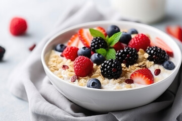 muesli with berries in a white plate, close up