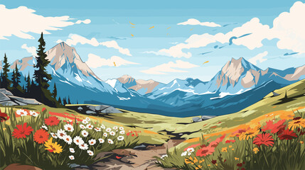 flora and fauna in a vector scene featuring mountainous landscapes, alpine flowers, and hardy wildlife - obrazy, fototapety, plakaty