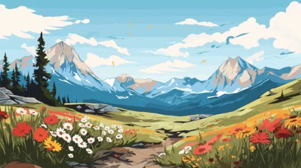 Foto op Canvas flora and fauna in a vector scene featuring mountainous landscapes, alpine flowers, and hardy wildlife © J.V.G. Ransika