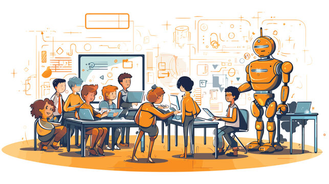 future of education with a vector art piece illustrating AI-powered classrooms. robots assisting teachers, personalized learning through AI algorithms