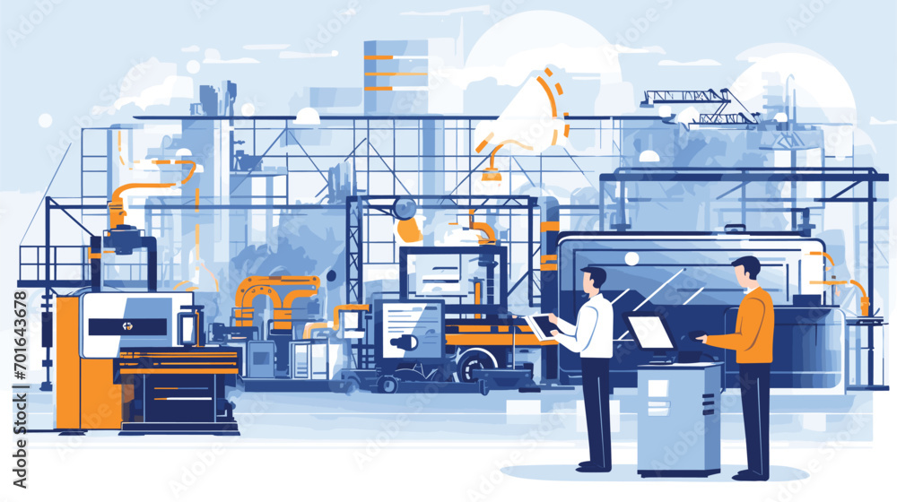 Wall mural technological advancements within a factory in a vector art piece showcasing men interacting with st