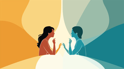 importance of attentive listening in friendships by creating a vector art piece that showcases friends engaged in meaningful conversations.  - obrazy, fototapety, plakaty