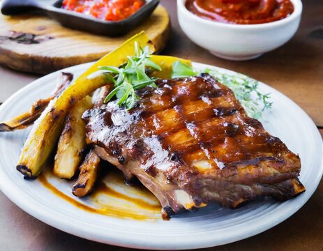 Grilled steak - Grilled meat, ribs on the plate with hot sauce 