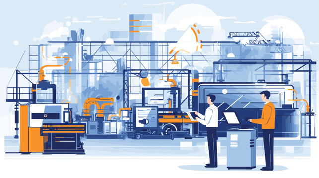 technological advancements within a factory in a vector art piece showcasing men interacting with state-of-the-art machinery and automation. 
