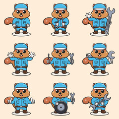 Obraz premium Mascot cartoon of cute Squirrel wearing mechanic uniform and cap. Cute Squirrel illustration. Character animal. Mechanic cartoon set. Vector illustration in isolated background. 