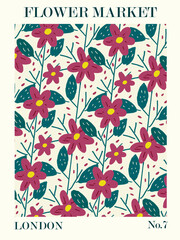 Batik Flower Petals Design in pink and Tosca Colors of London Flower Market Poster
