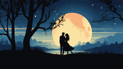 romantic ambiance of a moonlit evening in a vector art piece depicting a moonlit sky illuminating a scene of love and connection. couples or silhouetted figures under the moon's