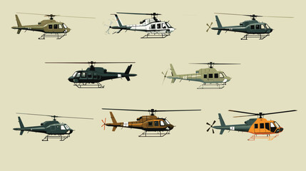 iconic helicopters in a vector scene featuring classic helicopter models from different eras. I - obrazy, fototapety, plakaty