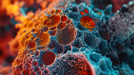 background, colorful and complex biological structures that look like cells or microorganisms. The image is highly detailed and has a gradient of colors from blue to orange.