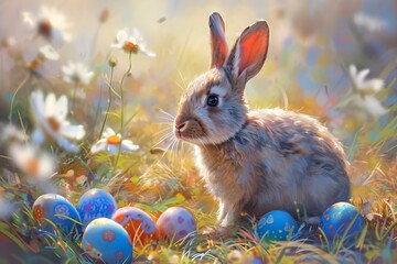Fototapeta na wymiar Step into Easter enchantment with vibrant eggs and a playful rabbit. A joyous scene of renewal and celebration unfolds, blending tradition with whimsical elegance.