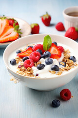 muesli with berries in a white plate, close up