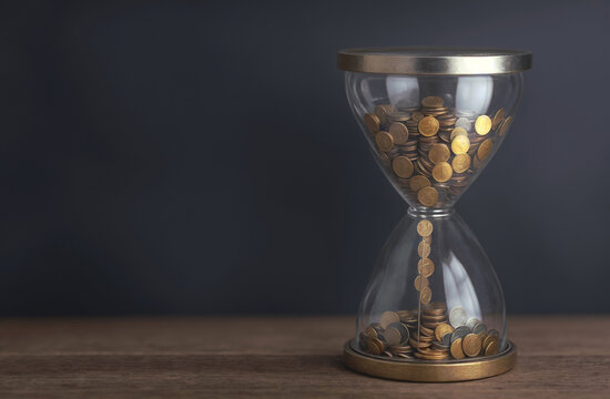 Three-dimensional 3d rendering of golden coins within a sand hourglass, illustrating the time as money concept