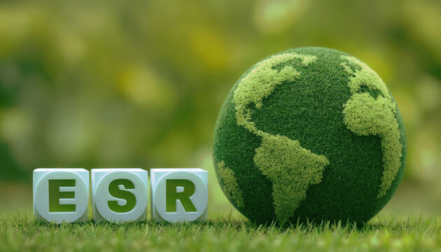 White Dice with word text ESR and world globe map made up of grass. Environmental social and governance