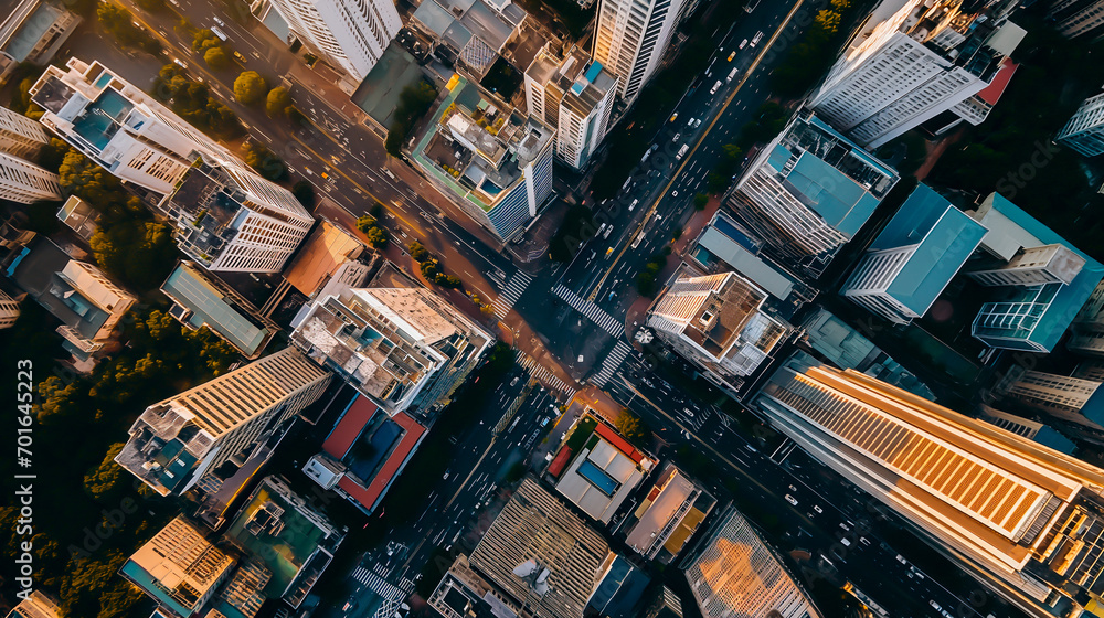 Wall mural bird's-eye view of bustling city streets at dusk, urban high-rise or skyscraper landscape.