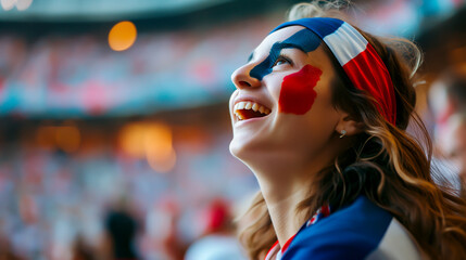 Joyful female French soccer fan cheering and supporting the French national team in the stadium with flag makeup on her face.
