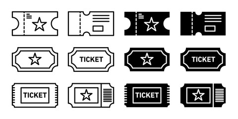 movie tickets vector icon set. travel trip flight plane ticket sign. event theatre cinema line pass symbol. vip voucher icon. park entry pass. train or airplane tickets. - obrazy, fototapety, plakaty
