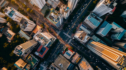 Bird's-eye view of bustling city streets at dusk, urban  high-rise or skyscraper landscape.

