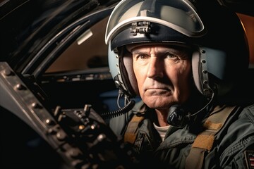 Portrait of an elderly pilot sitting in the cockpit of a helicopter. - obrazy, fototapety, plakaty