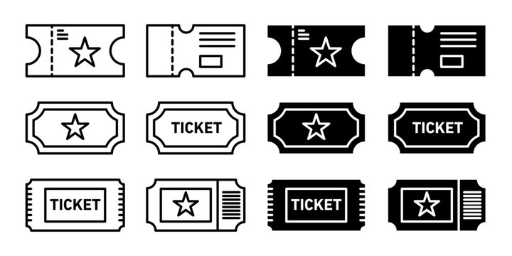 movie tickets vector icon set. travel trip flight plane ticket sign. event theatre cinema line pass symbol. vip voucher icon. park entry pass. train or airplane tickets.