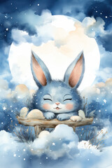 Cute rabbit sleeping on a cloud watercolor drawing. Generative AI