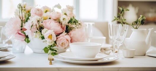 Elegant table setting with floral arrangement for high tea party. Hospitality and dining.