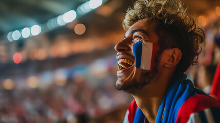 French soccer fan cheering and supporting the French national team in the stadium with flag makeup on his face.
