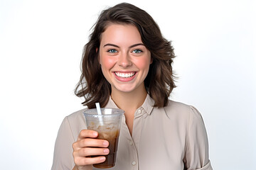 Portrait of a beautiful young woman holding a cup of coffee and smiling - Powered by Adobe