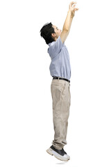 Naklejka premium A guy in a blue shirt, on a white background, in full height, waving his arms